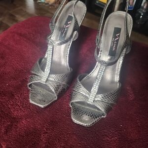 Nina Black T-Strap Snake-Embossed Evening Sandals